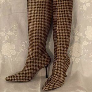 Houndstooth Calf Hair High Boots, 6.5/37